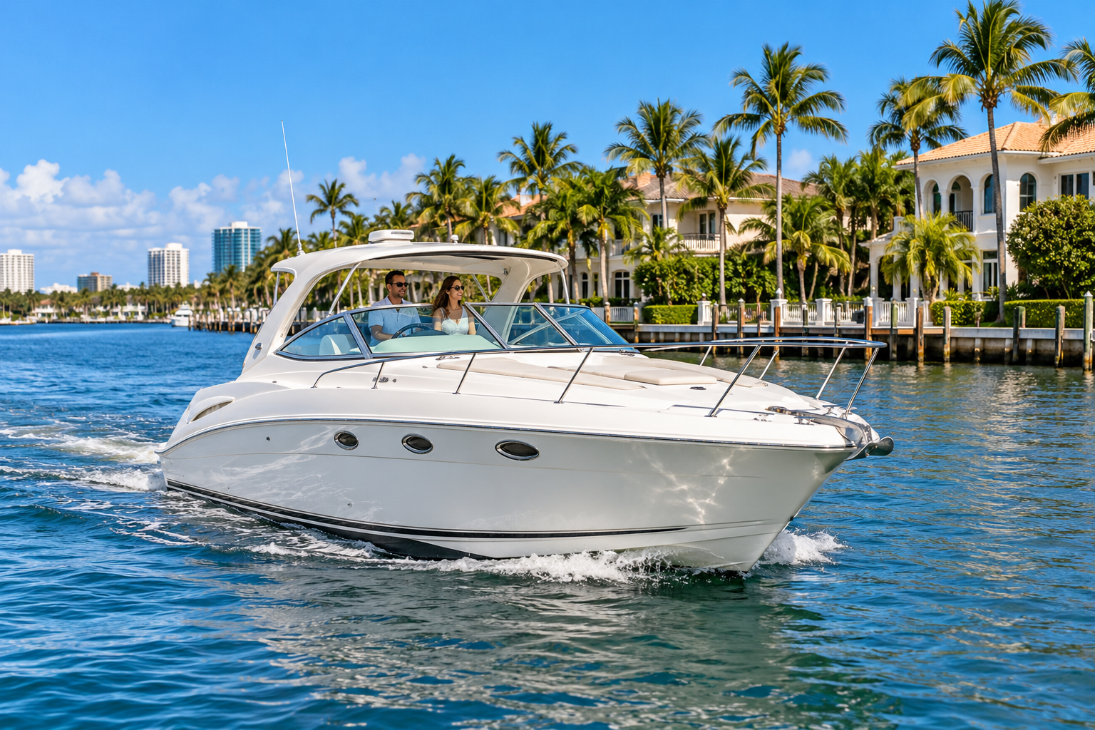 Illustration of an express cruiser traveling along a palm-lined South Florida waterway