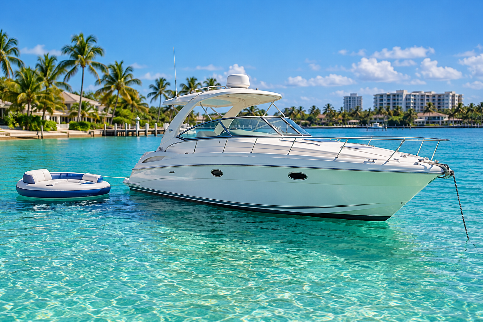 Illustration of a white express cruiser anchored in turquoise water with a floating lounge
