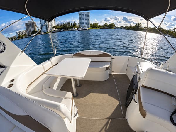 Luxury boat cockpit and seating area aboard Prime Time Boat Charters in South Florida