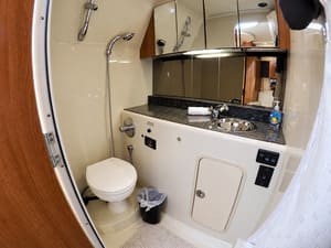 Modern private bathroom aboard the Prime Time Boat Charters luxury cruiser