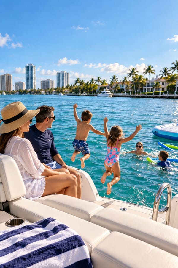 Family enjoying swimming and a private boat charter in South Florida