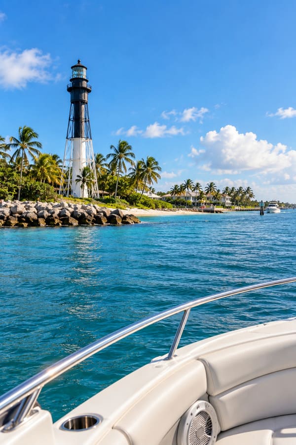 View of the Hillsboro Inlet Lighthouse from a private boat charter in South Florida