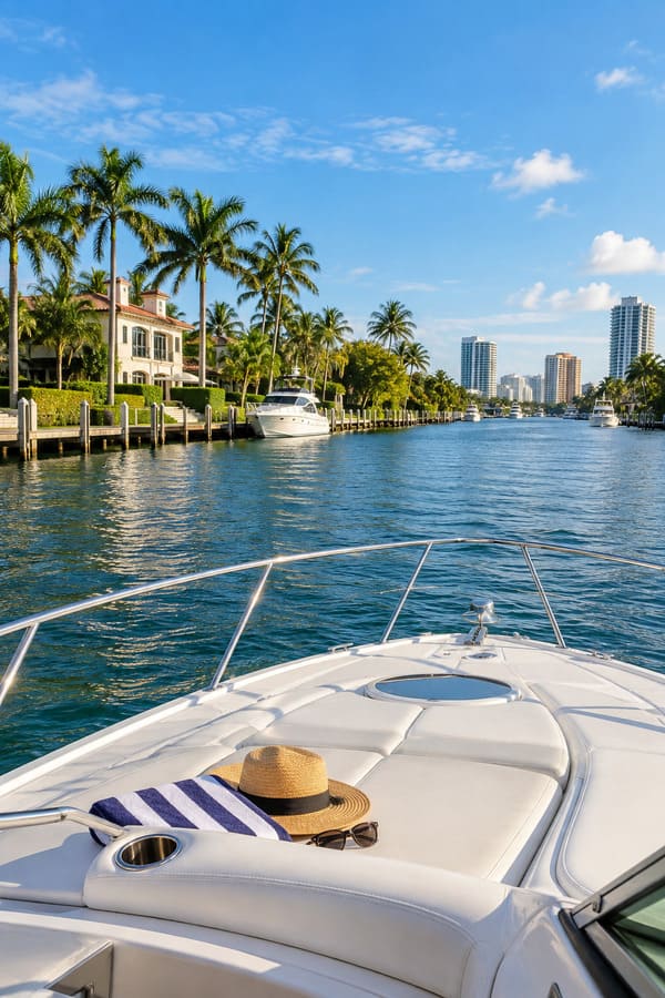 Private yacht cruise on the Intracoastal Waterway in South Florida with luxury waterfront homes in the background