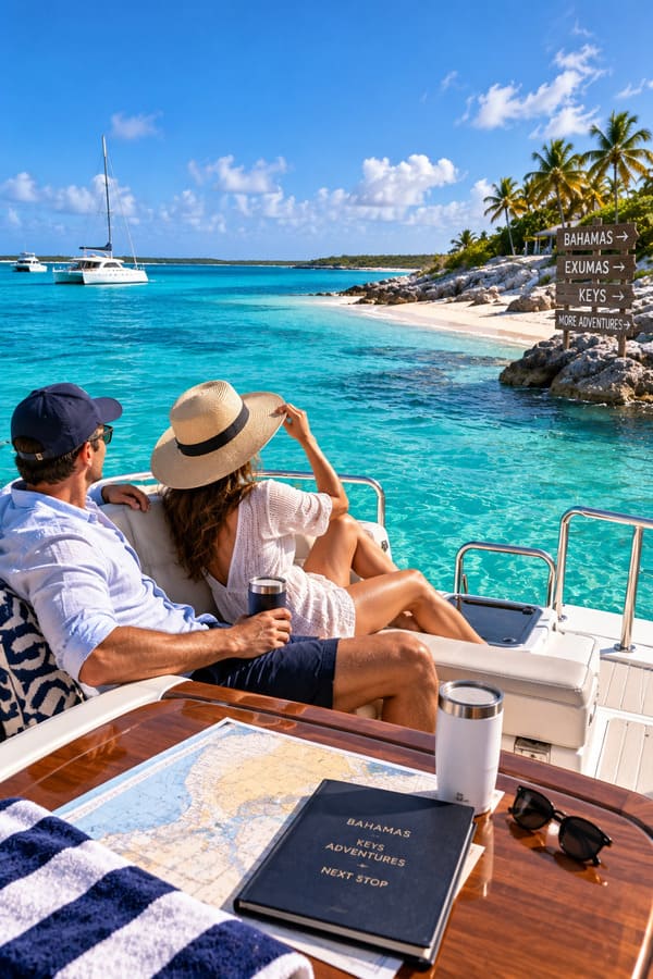 Couple planning a multi-day private boat trip to the Bahamas and Florida Keys
