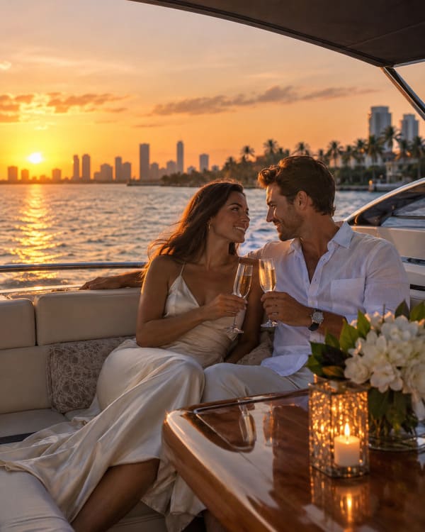 Couple enjoying a romantic sunset cruise on a private yacht in South Florida