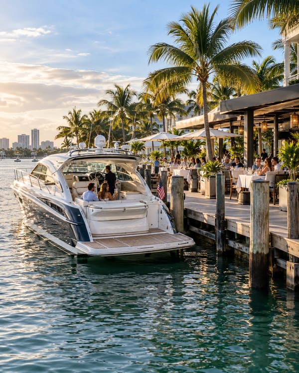 Luxury boat docked beside a waterfront restaurant in South Florida at sunset
